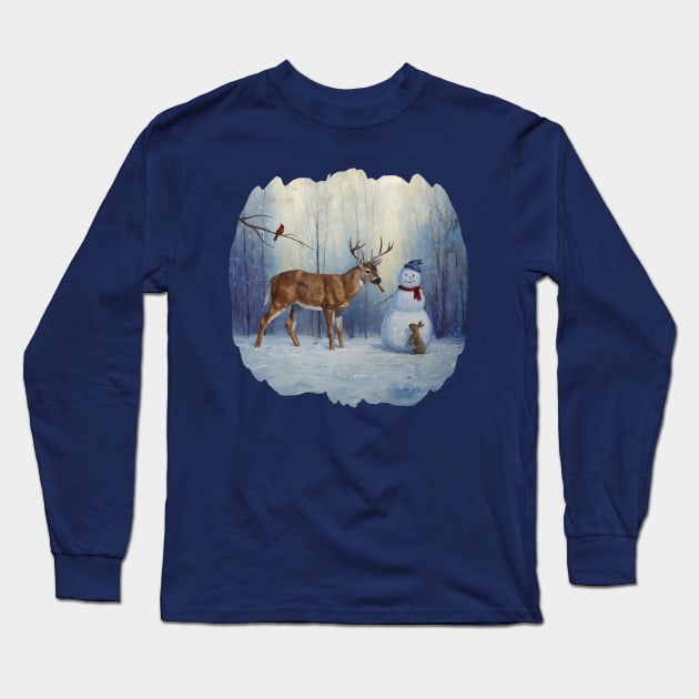 Funny Deer Eating Carrot Nose of Christmas Snowman Long Sleeve T-Shirt by csforest